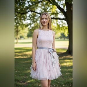 Le Chateau Junior Size 11 Pink Lace Dress with Mesh Skirt-Silver Sash-Lined